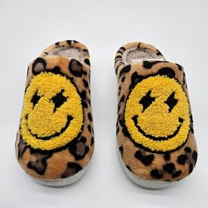 MIA Women's Leopard Smiley Face‎ Plush Slippers Size 6M